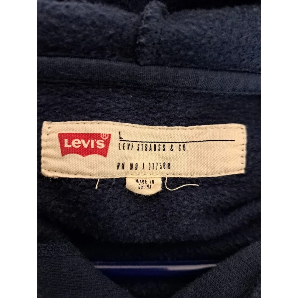 Levi Strauss & Co Hoodie Men Unisex Sz Large Sweatshirt Graphic Script Navy Blue